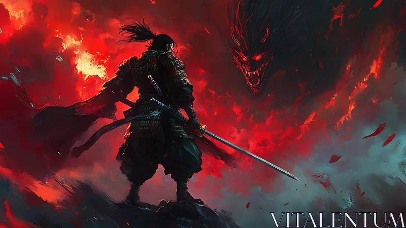 Armored samurai confronts demonic entity within turbulent red vortex