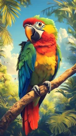 Vibrant jungle parrot gazes calmly across a sunlit canopy