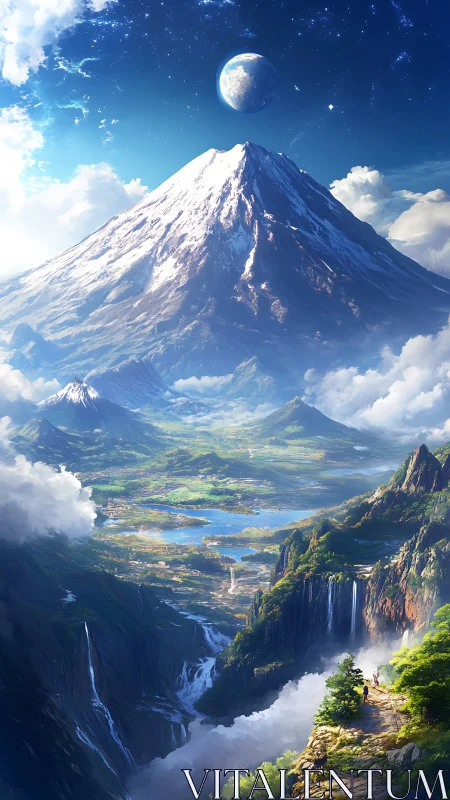 Orbital crescent above glaciated volcanic massif and river valley