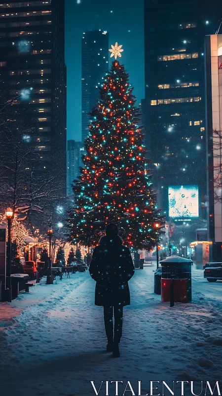 Midnight city Christmas tree glows through falling snow.