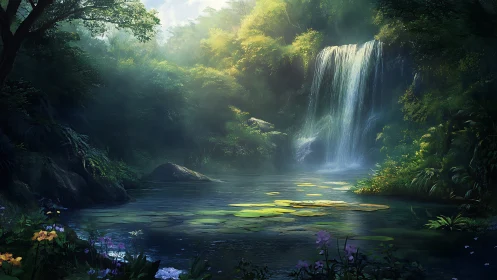Lush forest waterfall with luminous mist and lily-covered pool.