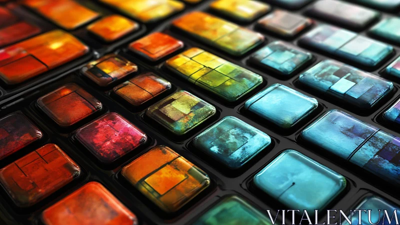 Colored glass tiles arranged in reflective grid pattern.