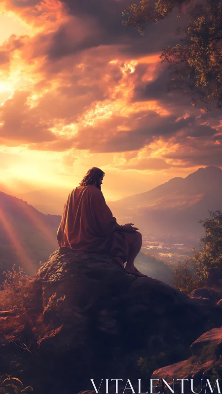 Solitary robed figure sits on rocky ledge at dramatic sunset