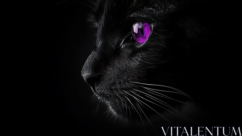 Black Cat Profile with Magenta Eyes Against Darkness.
