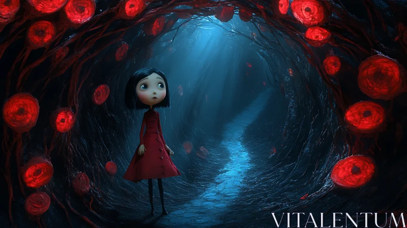 Young girl explores bioluminescent tunnel with uncanny red orbs