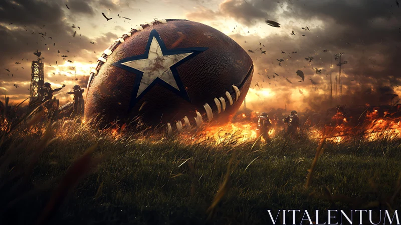 Oversized football in burning field with armored players.