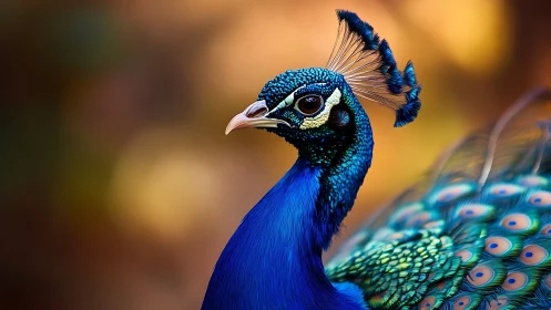 Vibrant Peacock Portrait with Colorful Plumage in Soft Focus.