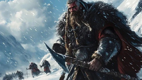 Stoic winter warrior leading brave companions through snow.