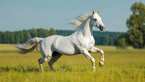 White horse cantering across open green summer meadow field.