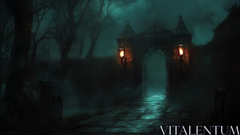Misty midnight gate where quiet lanterns guard the dark path.
