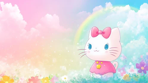 Cute cartoon cat stands under pastel rainbow sky