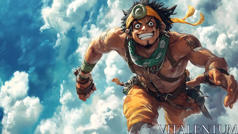 Dynamic anime adventurer lunges forward through luminous clouds