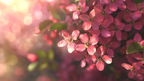 Pink crabapple blossoms backlit by warm spring sunlight