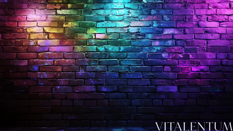Colorful neon light on textured brick wall background.