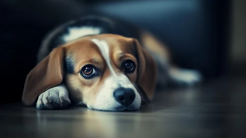 Low-angle closeup of tricolor beagle resting on hardwood floor