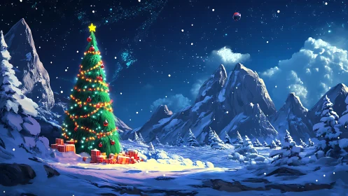 Snowy mountain clearing with glowing Christmas tree at night.