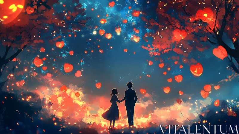 Romantic silhouette couple under luminescent heart lantern canopy