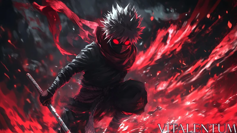 Masked anime swordsman crouches within erupting red energy