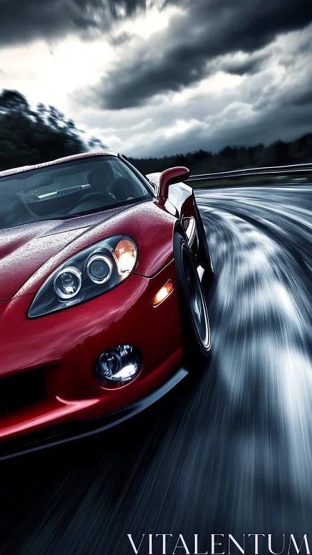 Red sports car powers through a stormy racetrack curve