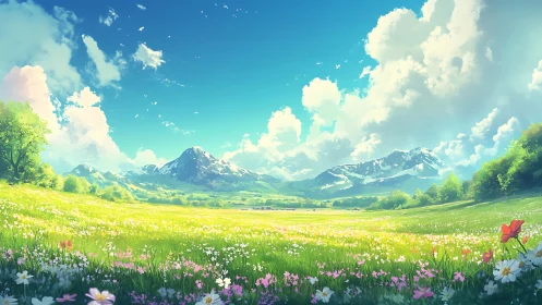 Sunlit alpine meadow stretches toward distant snow peaks