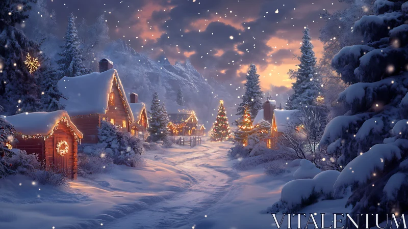Snowy holiday village glows softly with warm winter lights