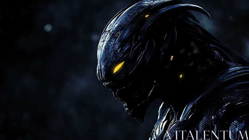 Side profile of biomechanical humanoid with yellow eye glow.