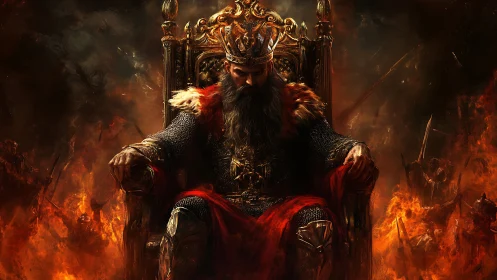 Imperious warlord king sits in burning throne room of battle