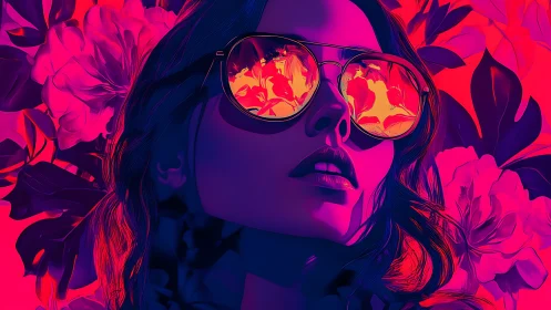 Stylized woman in mirrored sunglasses amid neon florals.