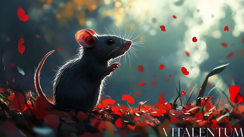 Backlit forest mouse studies drifting scarlet petals in dusk light