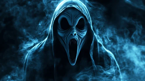 Spectral hooded wraith rendered in bioluminescent cyan haze.