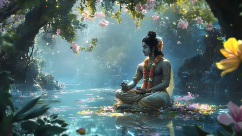 Divine figure meditates in luminous, flower-strewn forest pool.