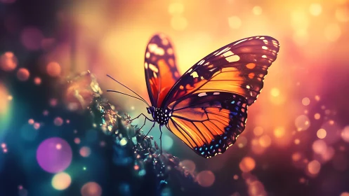 Chromatic bokeh field with macro-rendered monarch butterfly.