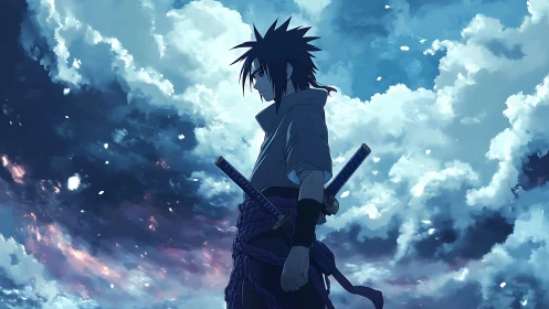 Lone anime swordsman standing strong beneath glowing skies.