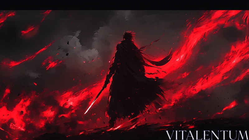 Lone firelit warrior walking through a storm of embers.