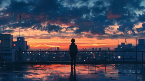 Quiet rooftop sunset in the rain over glowing city lights.