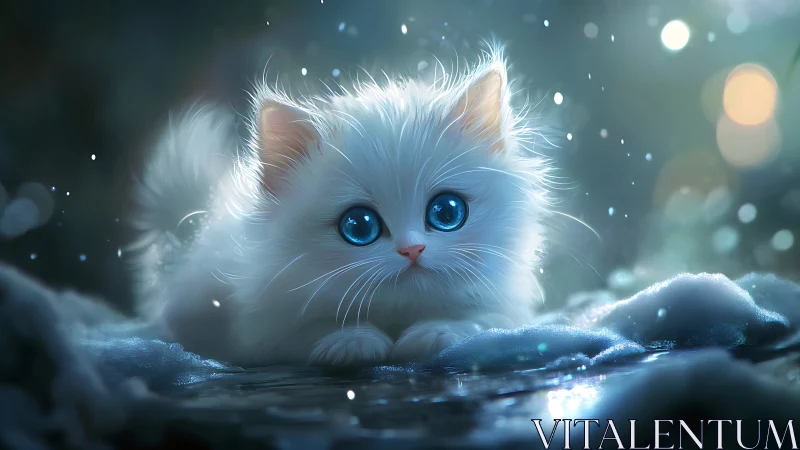 Luminous whispers of winter: An ethereal blue-eyed kitten in frozen enchantment.