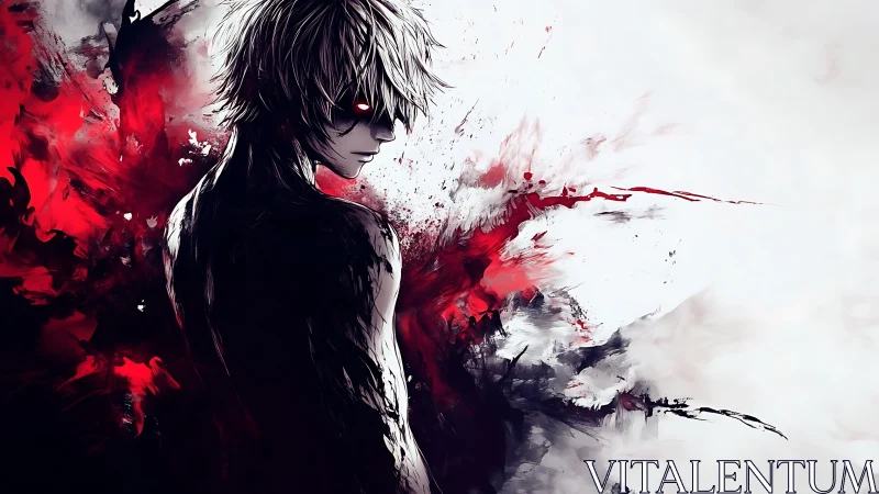 Monochrome anime figure dissolves into abstract crimson energy