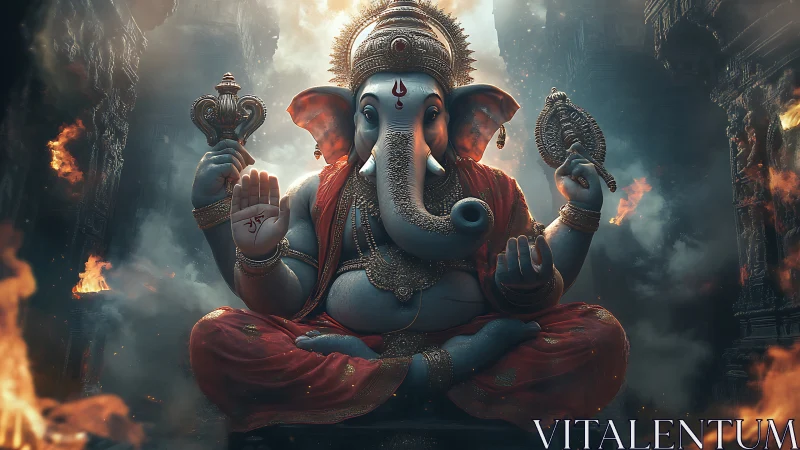 Highly detailed 3D rendering of seated Ganesha in fiery temple