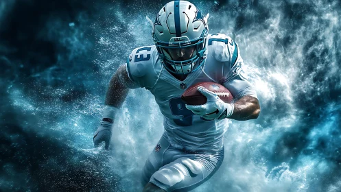 Storm-charged football titan sprinting through electric mist.
