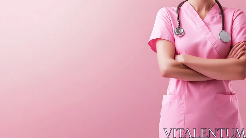 Confident Nurse in Pink Scrubs with Stethoscope, Modern Minimalism.