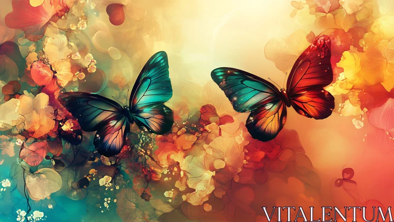 Vivid butterflies hover over abstract floral color field