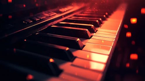 Digital piano keys glowing in dramatic red bokeh light.
