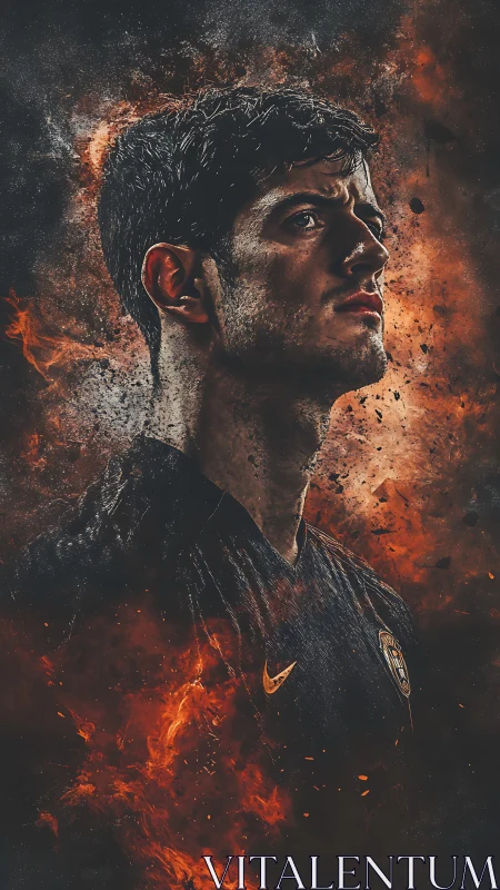 Intense male footballer portrait in fiery digital art.