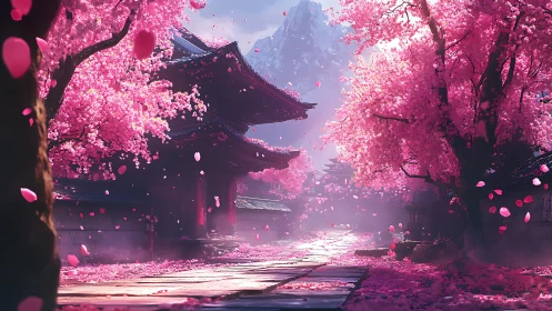 Cherry blossom temple path stretches toward distant mountain