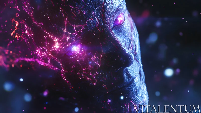 Cosmic AI visage erupting with neon fractal energy.