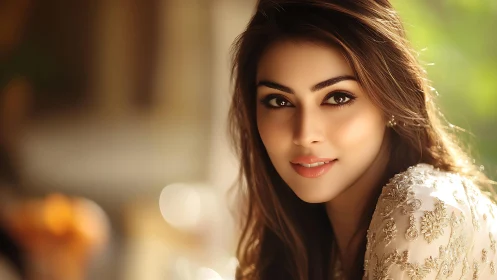 Soft-focus portrait of woman in embroidered ivory attire outdoors