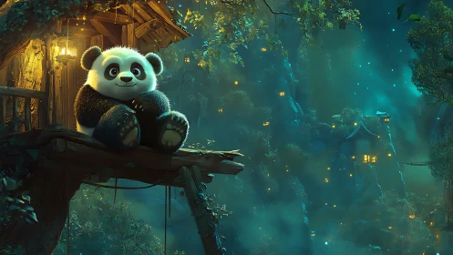 Digital painting of panda in luminous forest village at night.