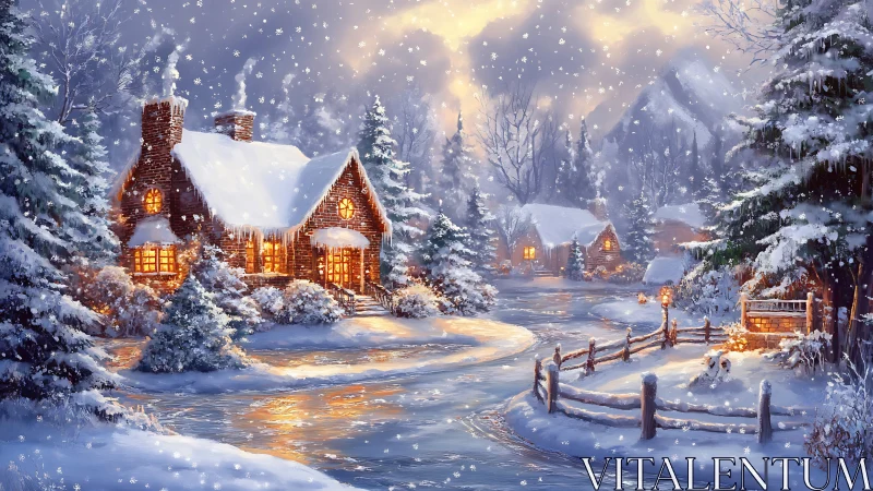 Cozy winter cabin glows softly in a peaceful snowy village.