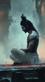 Seated figure in profile amid misted architectural forms.