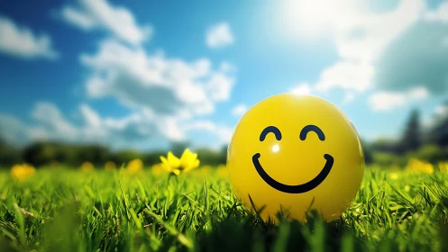 Smiley face ball rests on sunlit grass under blue sky